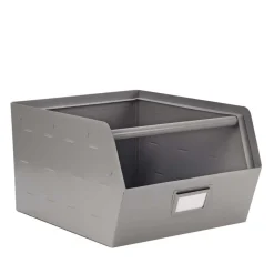 Bac de rangement empilable en métal gris avec porte étiquette