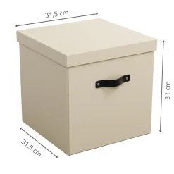 Boîte de rangement cube en carton beige avec couvercle et poignée