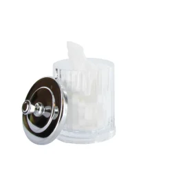 Pot à coton cannelé en plastique transparent avec un couvercle en métal